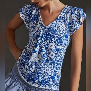 Maeve Anthropologie Catie Ruffle-Sleeved Tee Blouse Top